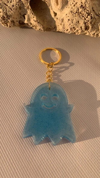 Turkuaz Mavi Renkli Gold Aksesuarlı Hayalet Şekil Anahtarlık El Yapımı Epoksi Hediyelik - Resim 7