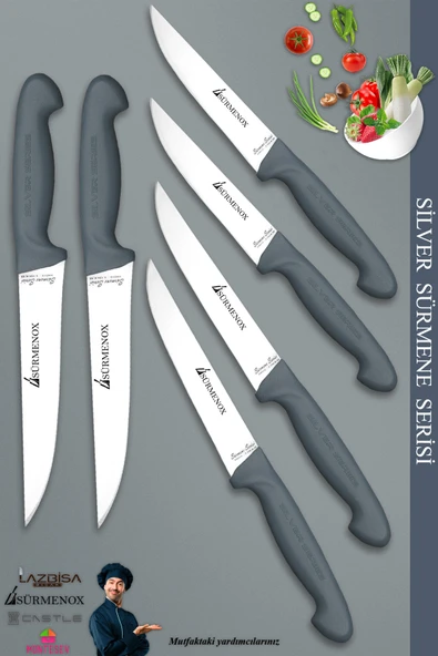 Sürmene Silver Serisi Gri Sap Mutfak Bıçak Seti Et Ekmek Sebze Meyve Kesme Bıçağı 6 Lı Set (Srm-011) ürün görseli 1