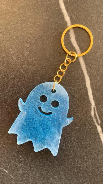 Turkuaz Mavi Renkli Gold Aksesuarlı Hayalet Şekil Anahtarlık El Yapımı Epoksi Hediyelik - Resim 6