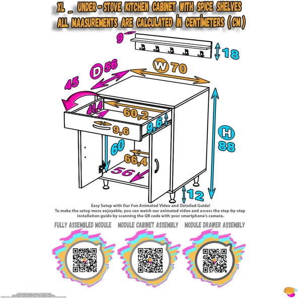 Modilayn DOQU (XL) Set Ocak Altı Dolap 70x88x56 cm, Çekmeceli, Kapaklı, Tüp Bölmeli Ve Baharat Raflı - 6