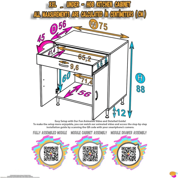 Modilayn DOQU (XXL) Set Ocak Altı Dolap 75x88x56 cm Çekmeceli, Kapaklı ve 1 Gözlü Tüp Bölmelidir - 6