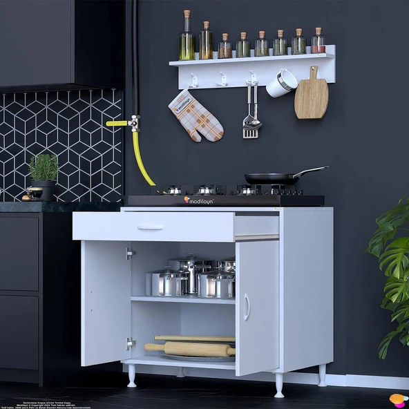 Modilayn QPLAS (XL) Set Ocak Altı Dolap 70x88x56 cm. Çekmeceli, kapaklı, raflı ve baharat raflı. - 4