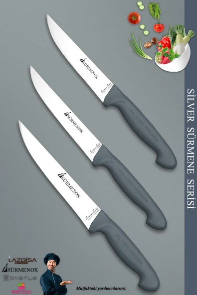 Sürmene Silver Serisi Gri Sap Mutfak Bıçak Seti Et Ekmek Sebze Meyve Kesme Bıçağı 3 Lü Set (srm-012) - 1