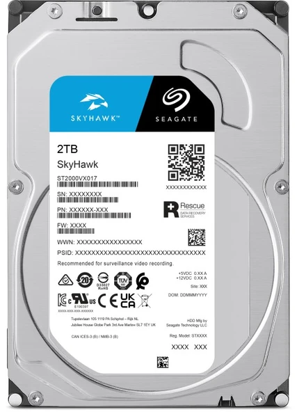 Seagate Hdd 3.5 2Tb Skyhawk 256Mb SATA3 6Gbit/sn ST2000VX017 7/24 Guvenlık Diski