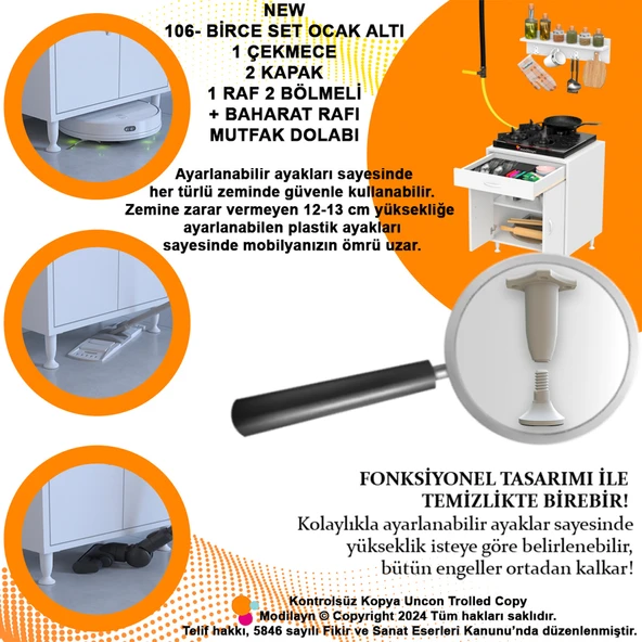 Modilayn QPLAS (L) Set Ocak Altı Dolap 65x88x56 cm. Çekmeceli, kapaklı, raflı ve baharat raflı. - 7