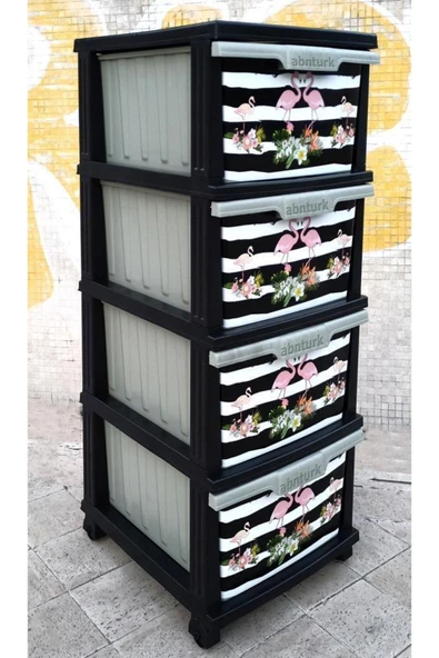 Büyük Boy Flamingo Desen 4 Çekmeceli Tekerlekli Komidin Yükseklik 93cm 43x38 Demonte Dolap Raf