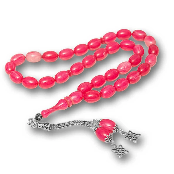 Gümüş Püsküllü Pembe Sıkma Kehribar Tesbih - 1