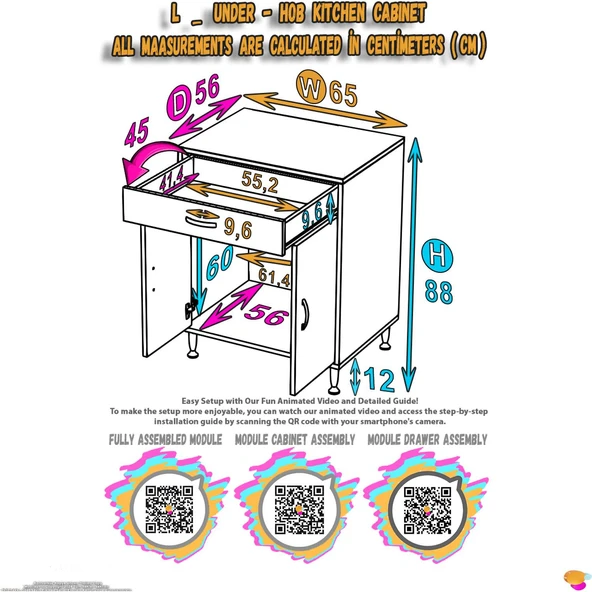 Modilayn DOQU (L) Set Ocak Altı Dolap 65x88x56 cm Çekmeceli, Kapaklı ve 1 Gözlü Tüp Bölmelidir - 6