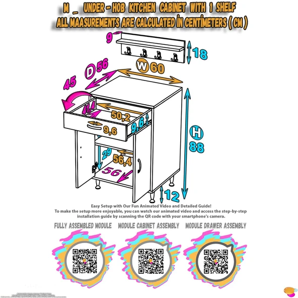 Modilayn QPLAS (M) Set Ocak Altı Dolap 60x88x56 cm. Çekmeceli, kapaklı, raflı ve baharat raflı. - 6