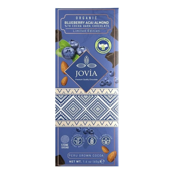 Jovia Organik %70 Bitter Çikolata - Yaban Mersinli 40gr