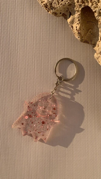 Şeffaf Pembe Glitterli Gold Aksesuarlı Hayalet Şekil Anahtarlık El Yapımı Epoksi Hediyelik - Resim 7