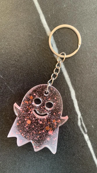 Şeffaf Pembe Glitterli Gold Aksesuarlı Hayalet Şekil Anahtarlık El Yapımı Epoksi Hediyelik - Resim 6