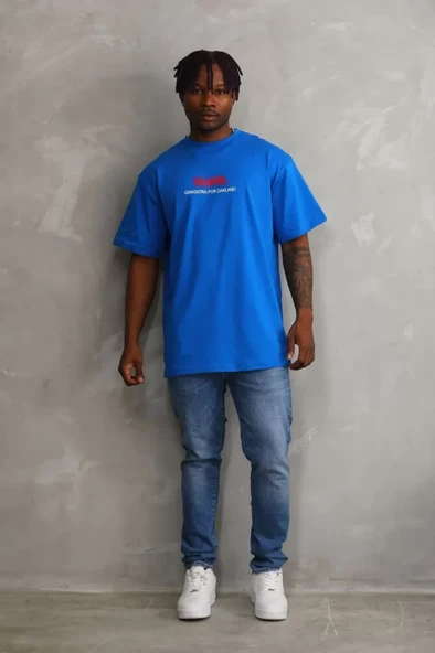 Unisex Baskılı Oversize T-Shirt - Mavi - 4