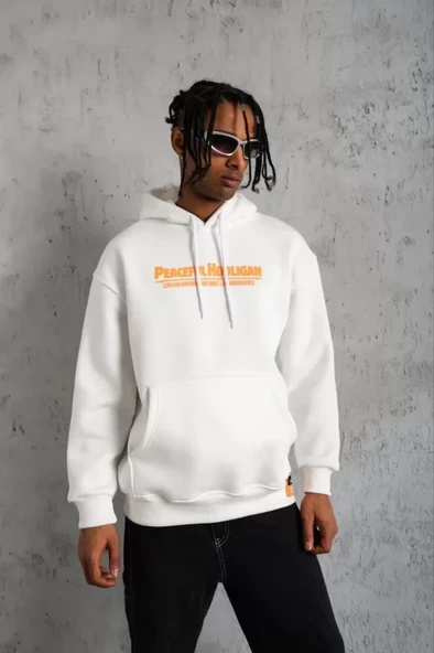 Erkek Armalı Baskılı Kapüşonlu Sweatshirt - Beyaz - 2