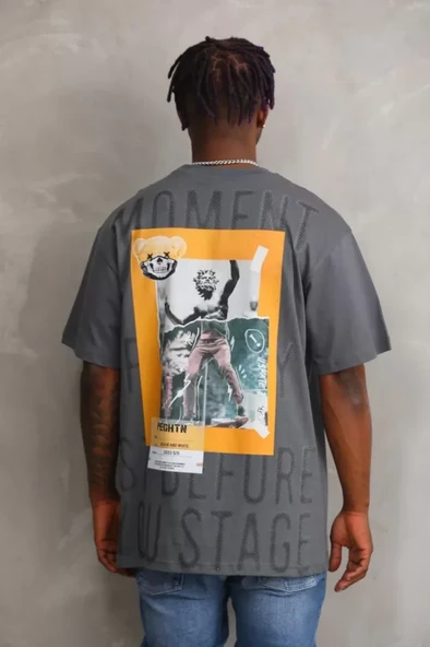Unisex Baskılı Oversize T-Shirt - Füme - 2