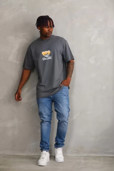 Unisex Baskılı Oversize T-Shirt - Füme - 3