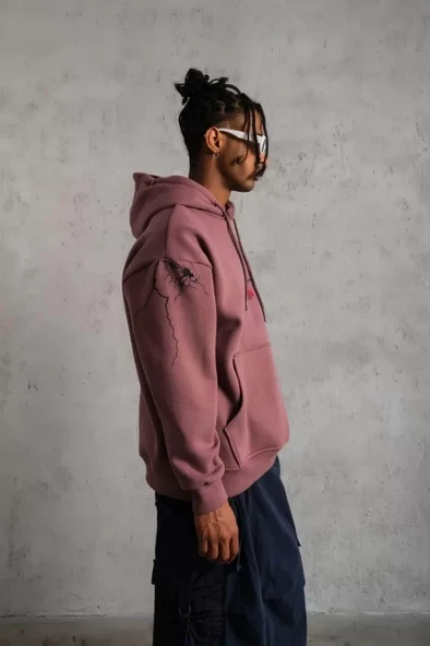 Erkek Maske Baskılı Kapüşonlu Sweat - Gül Kurusu - 4