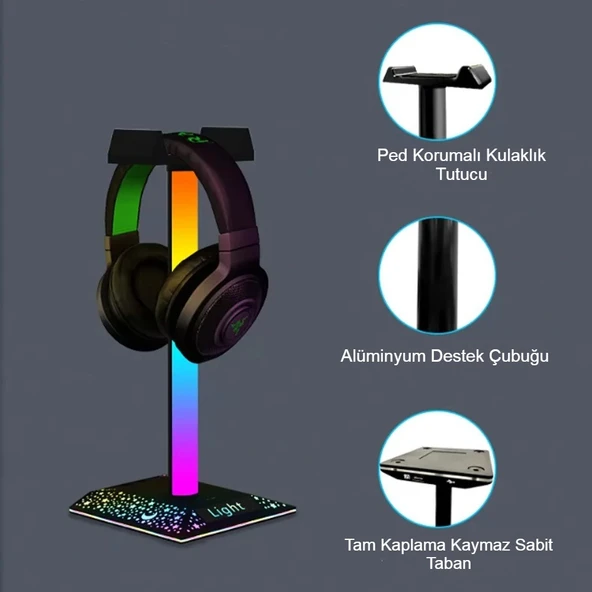 RGB Gaming Kulaklık Standı LED Aydınlatma USB Type-C Giriş 10 Renk Efekt Şık Çok Fonksiyonlu Tasarım - 4