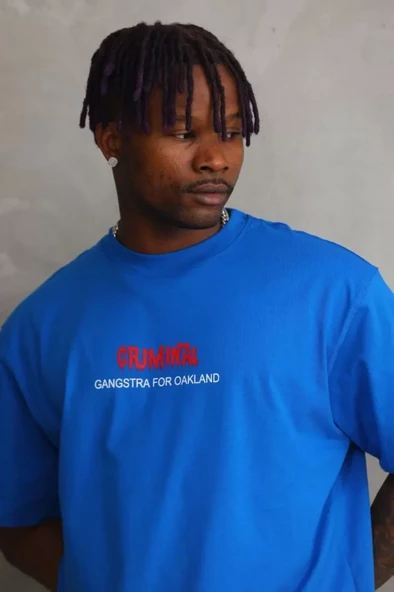 Unisex Baskılı Oversize T-Shirt - Mavi - 3