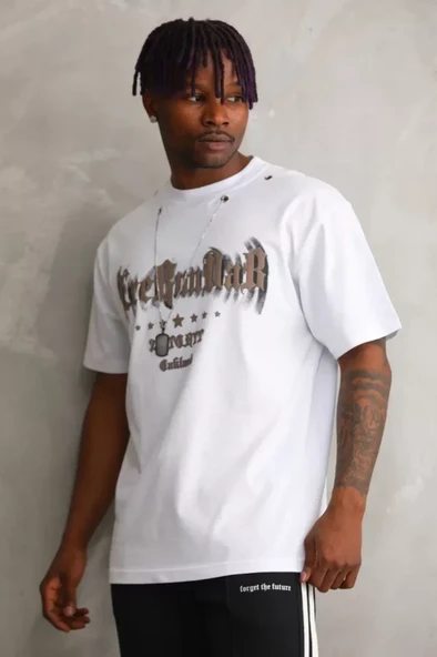 Unisex Oversize Kolye Dahil T-Shirt - Beyaz - 4