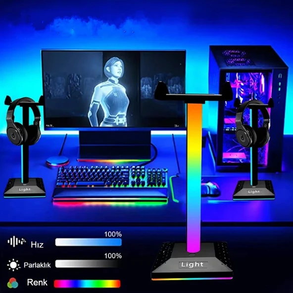 RGB Gaming Kulaklık Standı LED Aydınlatma USB Type-C Giriş 10 Renk Efekt Şık Çok Fonksiyonlu Tasarım - 7