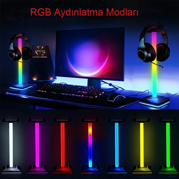 RGB Gaming Kulaklık Standı LED Aydınlatma USB Type-C Giriş 10 Renk Efekt Şık Çok Fonksiyonlu Tasarım - 6