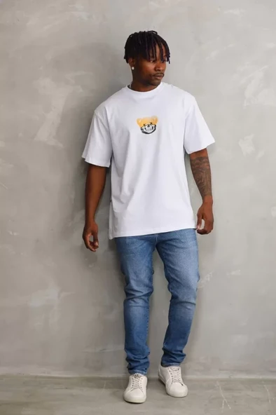 Unisex Baskılı Oversize T-Shirt - Beyaz - 4
