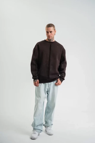 POLIZEI Premium Kalite Bisiklet Yaka Yıkamalı SweatShirt - Kahverengi - 4