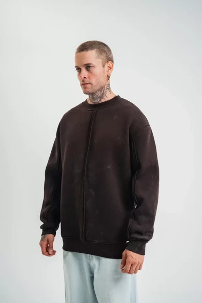 POLIZEI Premium Kalite Bisiklet Yaka Yıkamalı SweatShirt - Kahverengi - 1