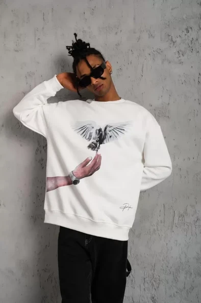 Erkek Güvercin Baskılı Sweatshirt - Beyaz - 4