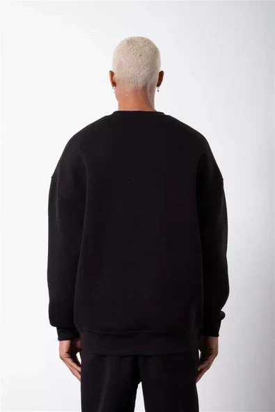 Unisex Biskilet Yaka Üç İplik SweatShirt - Siyah - 2