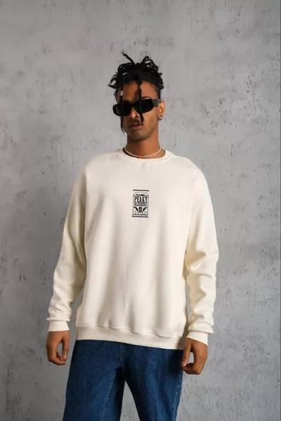 Unisex Bisiklet Yaka Baskılı Oversize Sweatshirt - Beyaz - 2