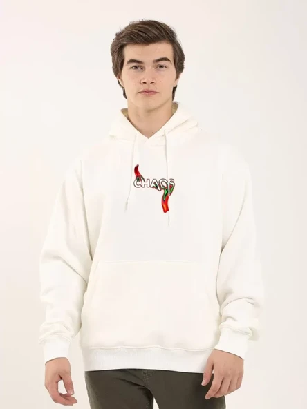 Unisex Baskılı Oversize Üç İplik Kapüşonlu Sweatshirt - Beyaz - 2