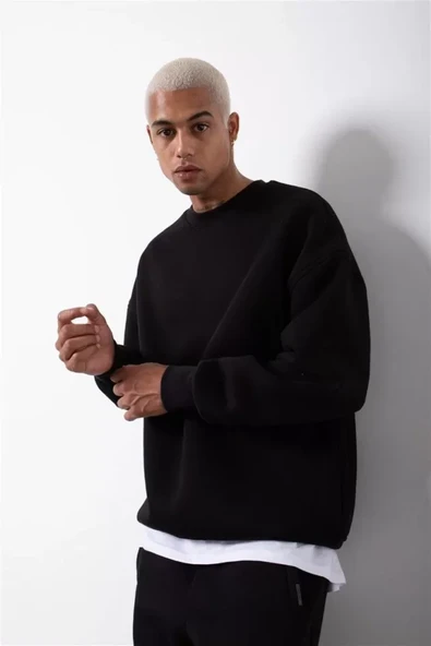 Unisex Biskilet Yaka Üç İplik SweatShirt - Siyah - 3