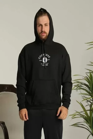 Unisex Kapüşonlu Üç İplik Oversize  Baskılı Sweatshirt - Siyah - 2