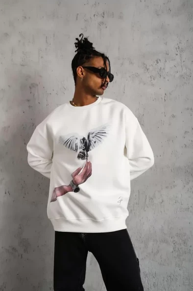 Erkek Güvercin Baskılı Sweatshirt - Beyaz - 2