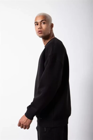 Unisex Biskilet Yaka Üç İplik SweatShirt - Siyah - 4