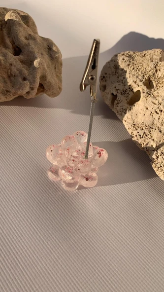 Şeffaf Epoksi Pembe Renkli Glitterli Sukulent Şekil Kağıt Tutacağı Notluk Epoksi El Yapımı Hediyelik