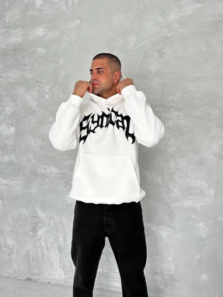 Unisex Üç İplik Kapşonlu Baskılı SweatShirt - Beyaz - 2
