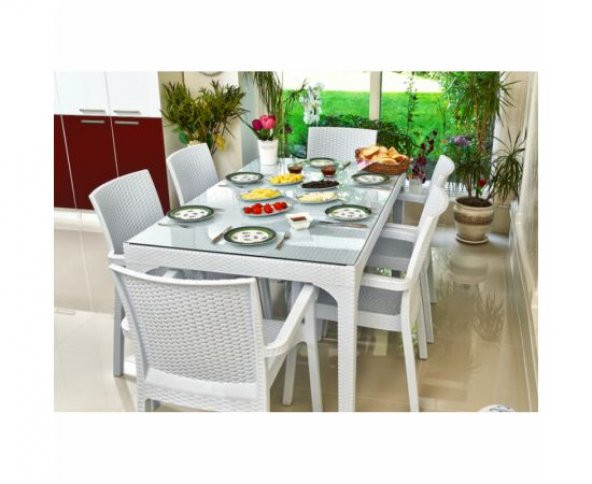 Holiday 90/150 Rattan Camlı Masa 6 Sandalye