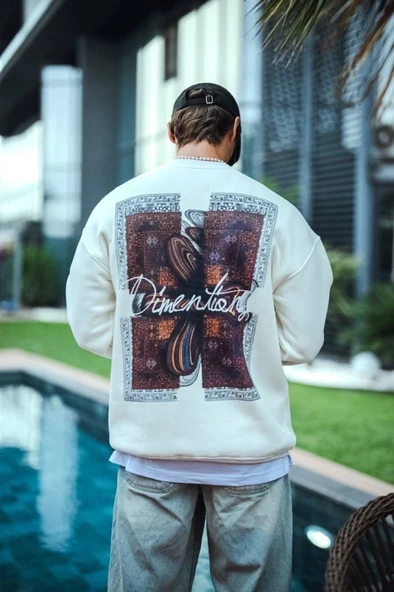 Uzun Kol Bisiklet Yaka Ön Ve Arka Baskılı SweatShirt - Beyaz - 2