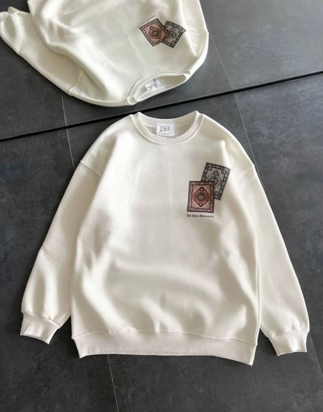 Bisiklet Yaka Baskılı SweatShirt - Beyaz - 1