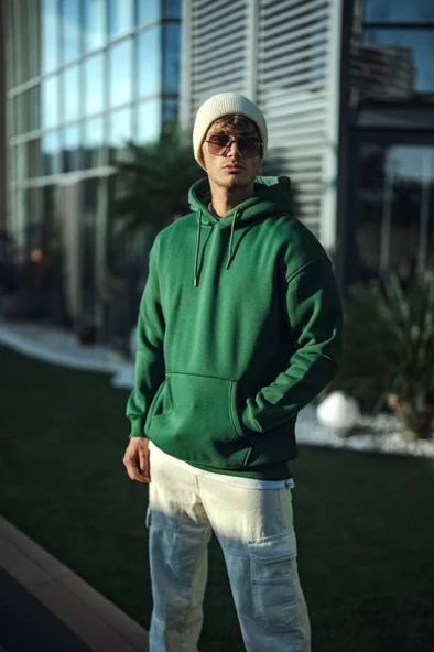 Üç İplik Penye Kapşonlu Basic SweatShirt - Haki - 2
