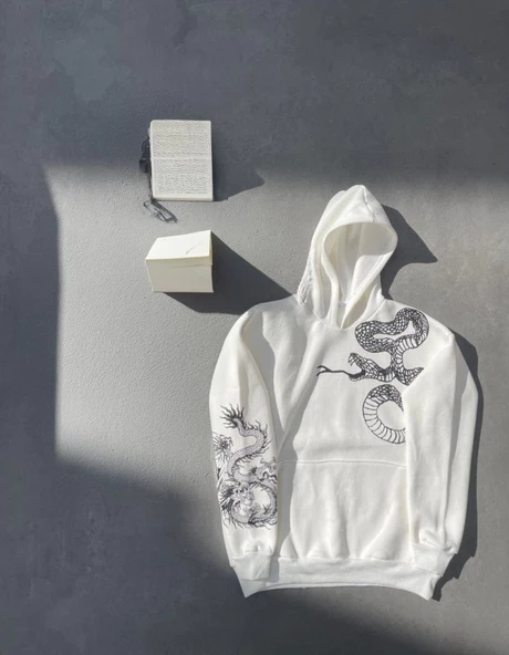 Uzun Kol Kapşonlu Baskılı SweatShirt - Beyaz - 4