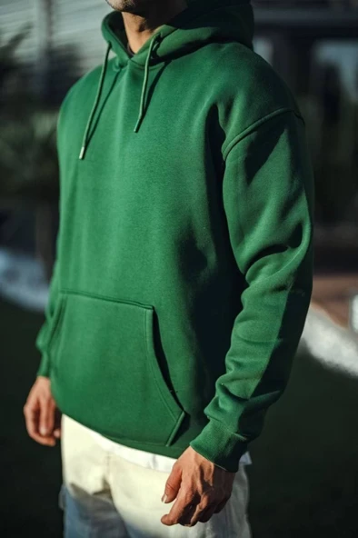 Üç İplik Penye Kapşonlu Basic SweatShirt - Haki - 1
