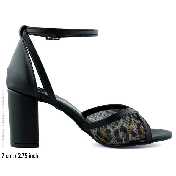 Erkan Saçmacı Charlotte Siyah Leopar Çapraz Bantlı Fileli Kalın Topuklu Zarif Abiye Ayakkabı - Resim 2