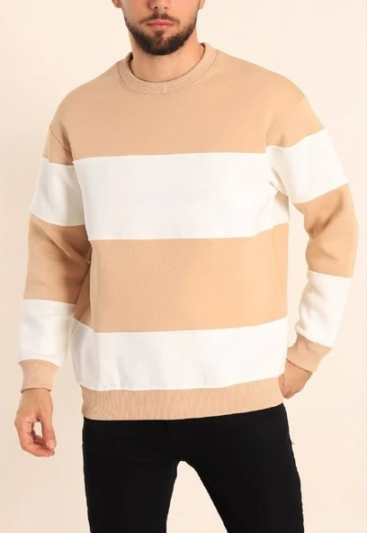 Parçalı Bisiklet Yaka Baskılı SweatShirt - Bej - 1