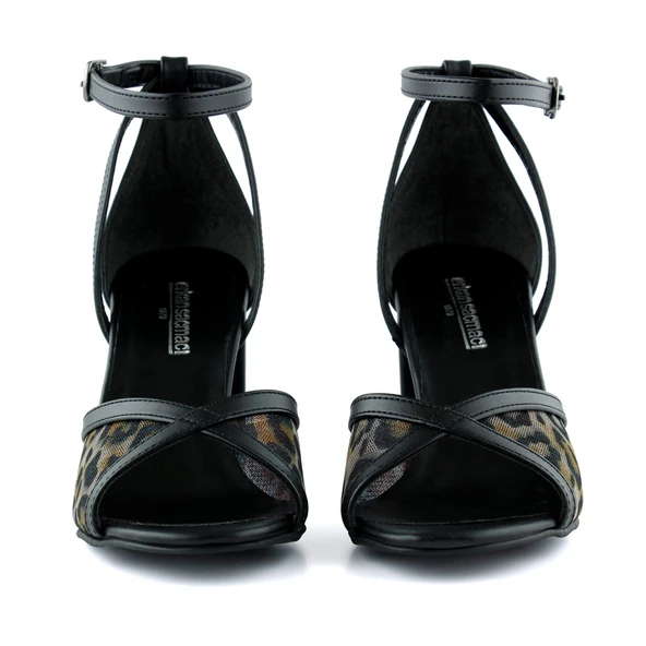 Erkan Saçmacı Charlotte Siyah Leopar Çapraz Bantlı Fileli Kalın Topuklu Zarif Abiye Ayakkabı - Resim 4