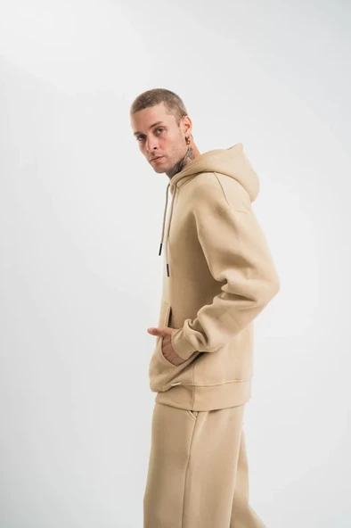 Unisex Double Oversize Kapşonlu Basic SweatShirt - Bej - 2
