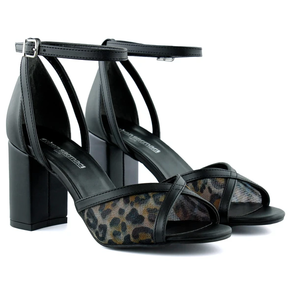 Erkan Saçmacı Charlotte Siyah Leopar Çapraz Bantlı Fileli Kalın Topuklu Zarif Abiye Ayakkabı - Resim 3